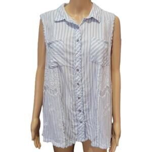 Seven 7 Blue White Striped Sleeveless Lace Button Up Shirt Large NWOT